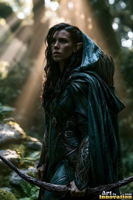 Wearing a dark green cloak with a hood, an elf woman holds a bow in a sun-drenched forest