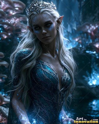 An elf woman stands wearing a silver crown and teal dress in cool blue light