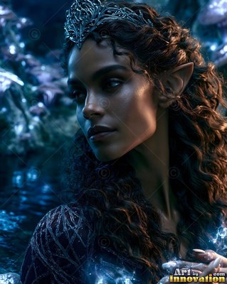 Turned in profile, an elf woman with a silver crown wades in dark water
