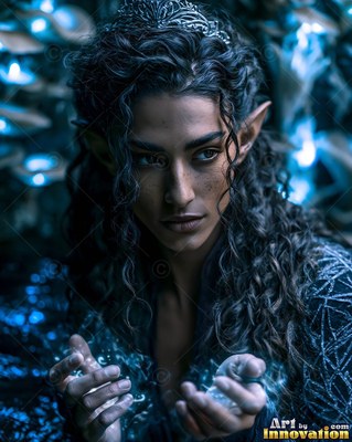 A dark-haired elf woman with pointed ears holds blue sparks in her hands