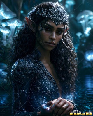 Standing in dark water, an elf woman with a silver tiara holds blue sparks in her hands
