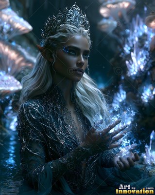 Elf woman wearing a crown and holding blue light in water