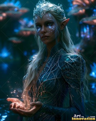 A silver crown rests on an elf woman standing in a dim cave filled with blue light