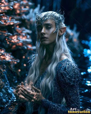 An elf woman holds shining specks in her cupped hands under cool blue light