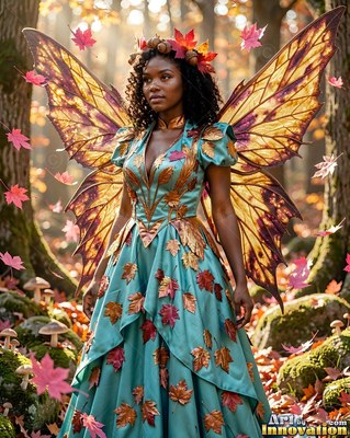 In an autumn forest, a woman with wings stands in a teal gown covered in leaves