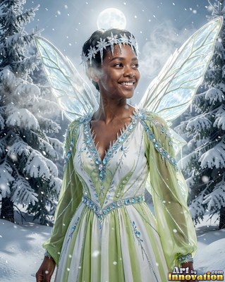 Smiling in the falling snow, a winged Black woman wears an ice crown and green gown