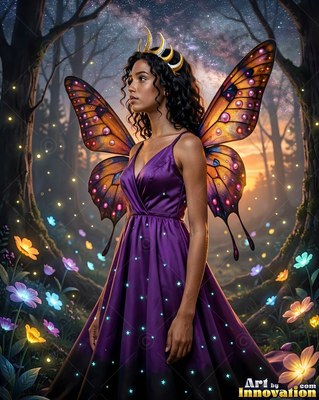 Woman with fairy wings in purple gown with orange wings in forest