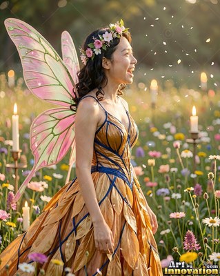 Pink fairy wings spread from a smiling woman in a golden leaf dress in a flower field