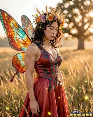 A woman shown with wings stands in a grassy field in warm, yellow sunlight