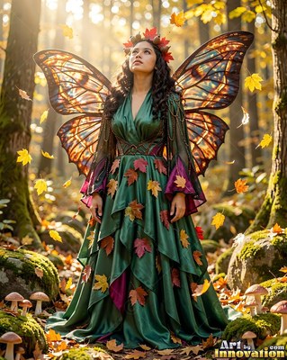 Standing straight in an autumn forest, a winged woman looks up in a green dress
