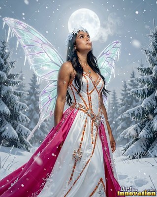 A winged woman in a white and pink dress looks up at a snowy moonlit forest