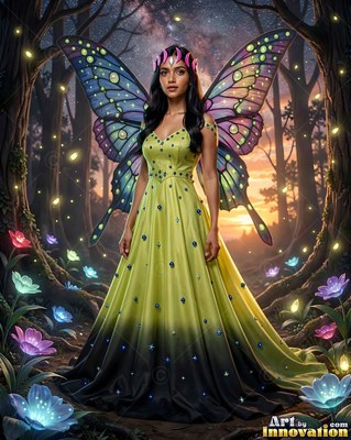 In a dark forest, a woman with wings stands in a yellow and black dress