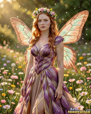Standing in a flower field, a red-haired woman with fairy wings wears a purple dress