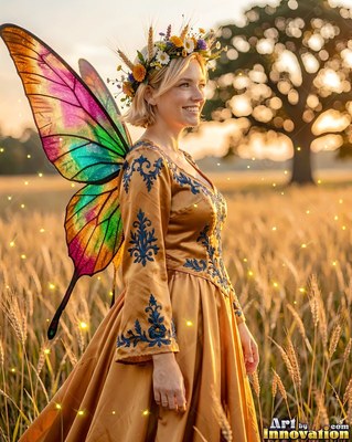 Woman with butterfly wings in a wheat field in a gold dress