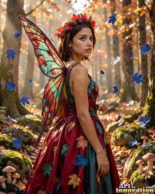 Wearing a red leaf crown, a woman with wings stands in an autumn woods with blue leaves falling around her
