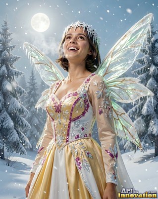 A woman shown with wings smiles upward in a snowy forest beneath a bright white moon