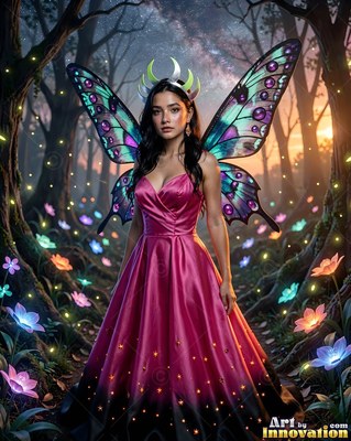 Standing in a dusk forest, a winged woman wears a dark pink dress
