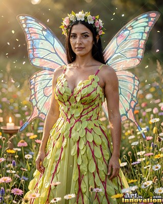 A woman with butterfly wings stands in a wildflower meadow wearing a green leaf dress