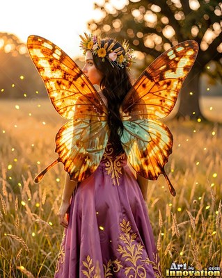 In a grassy field, a woman stands with large orange butterfly wings and a purple dress