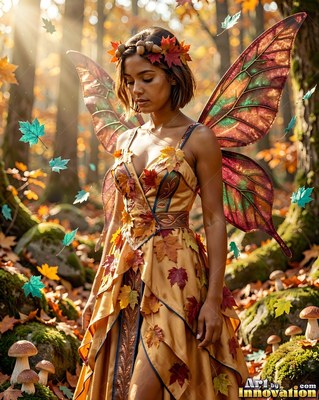 Standing in a sunlit autumn forest, a winged woman fairy wears a leafy dress