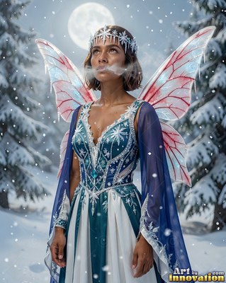 Woman shown with wings in a blue gown stands in a snowy forest