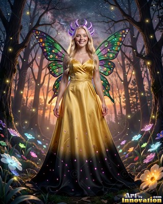 In a gold and black satin gown, a winged woman smiles in a dark forest with night flowers