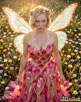 A woman with wings stands in a meadow as golden sunlight shines from behind