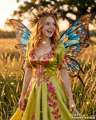 Facing forward in a grassy field, a smiling woman is dressed in blue butterfly wings