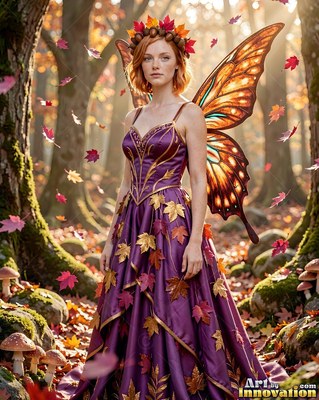A red-haired woman with butterfly wings stands in a purple dress in the woods