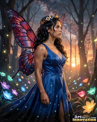 Standing in a dusk forest, a woman shown with wings wears a dark blue gown and crown