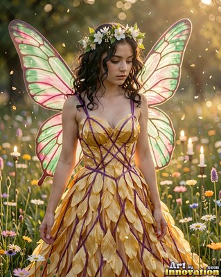 Winged woman in a yellow leaf dress standing in flowers