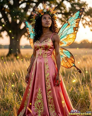 Wearing a flower crown, a winged woman in a pink dress stands in a grassy field at sunset