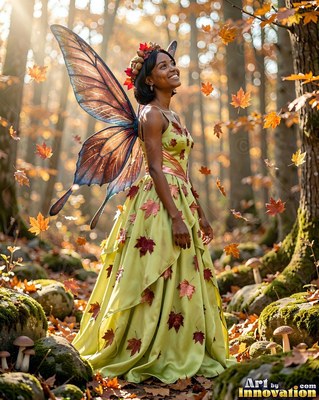 A woman with wings smiles among falling autumn leaves in the bright sunlight