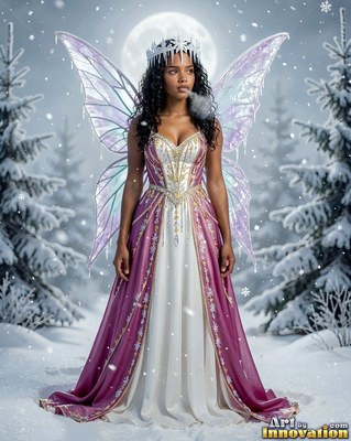Standing straight in a snowy pine forest, a woman with wings wears a purple dress