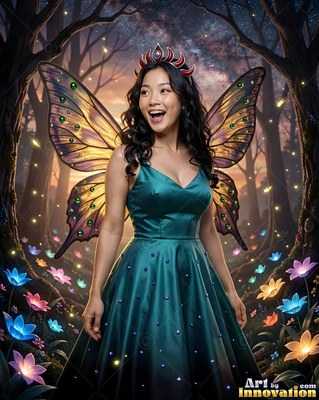 A smiling woman with fairy wings wears a green gown in dark woods