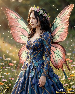 In a flower field, a woman shown with wings in a blue petal dress stands in soft sunlight