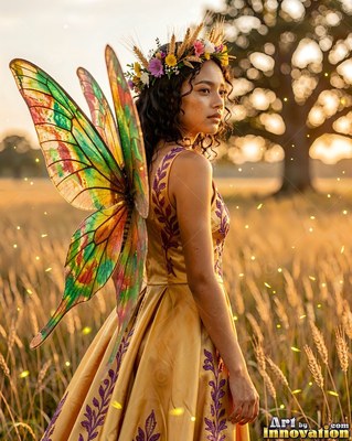 Standing in a sunny wheat field, a winged woman wears a gold dress and a flower crown