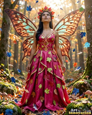 A woman with wings in a red leaf dress stands in a sunny forest