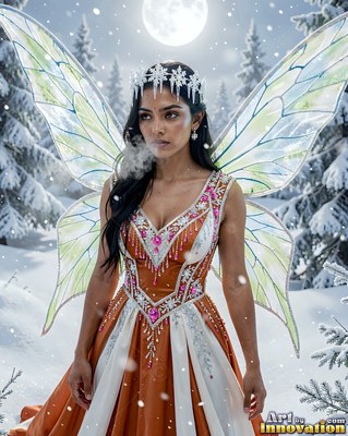 Crowned with ice crystals, a woman with wings stands in a snowy pine forest under the moon