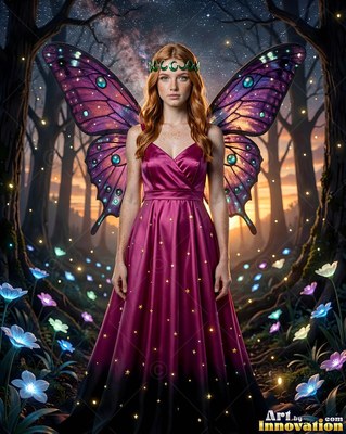 A woman with wings stands in dark woods as warm sunset light shines behind purple wings