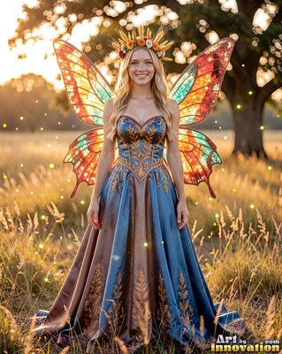 Standing facing forward in a field, a woman is wearing stained-glass wings and a blue gown