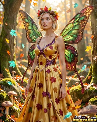 A blonde fae woman stands in autumn woods wearing a yellow leaf dress
