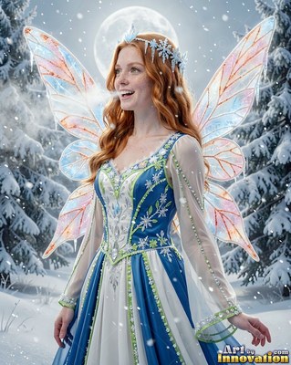 In a snowy pine forest, a red-haired winged woman smiles in a blue winter dress