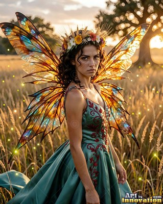 Woman with stained-glass wings in a field of wheat