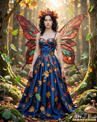 Wearing a blue gown covered in fall leaves, a winged woman stands in a sunny forest