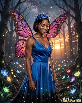 A woman stands smiling in a blue dress with purple fairy wings under warm sunset light