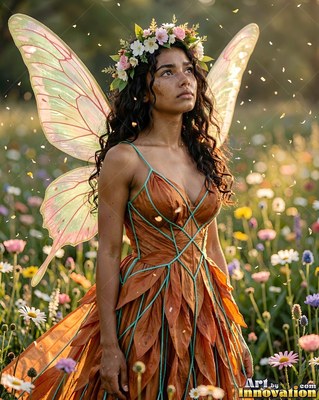 Facing forward in a sunny meadow, a woman shown with wings in an orange leaf dress looks up