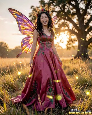 A smiling fairy woman in a red gown stands with purple wings in a field at sunset