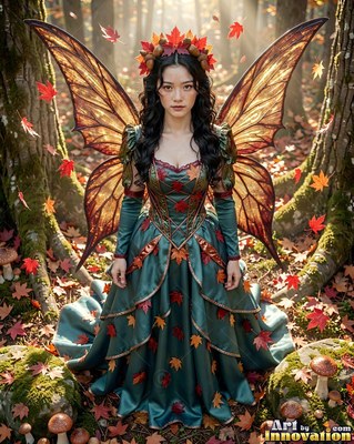 In an autumn forest, a winged woman stands in a green dress covered with leaves