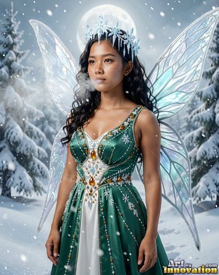 Standing in the snow, a winged woman is wearing an ice crown and green dress